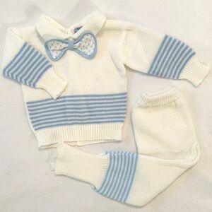 Vintage Baby Boys Popsicle Sweater Top & Pants Set 12M 2Pc Ivory Blue Bow tie